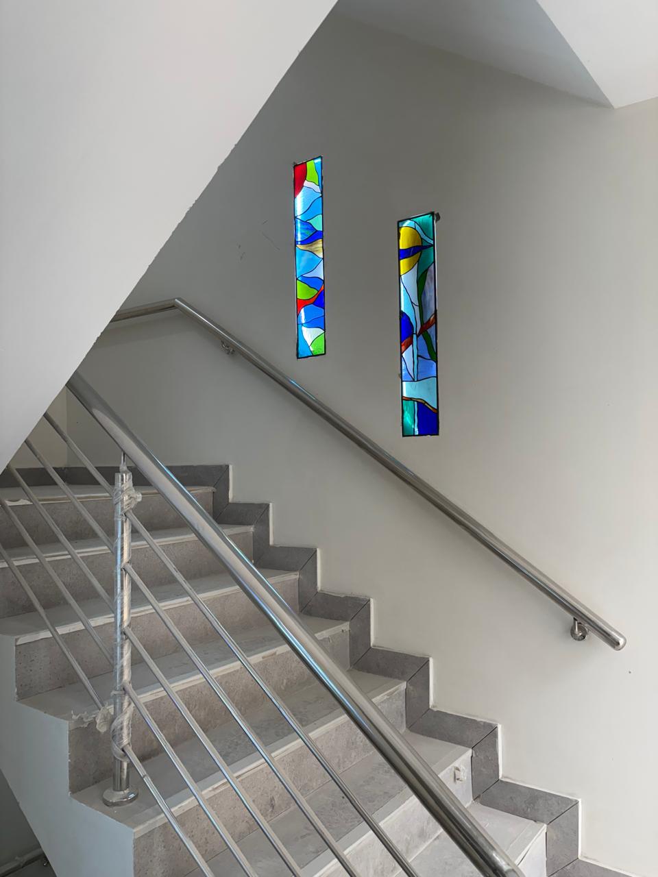 Staircase with stained glass