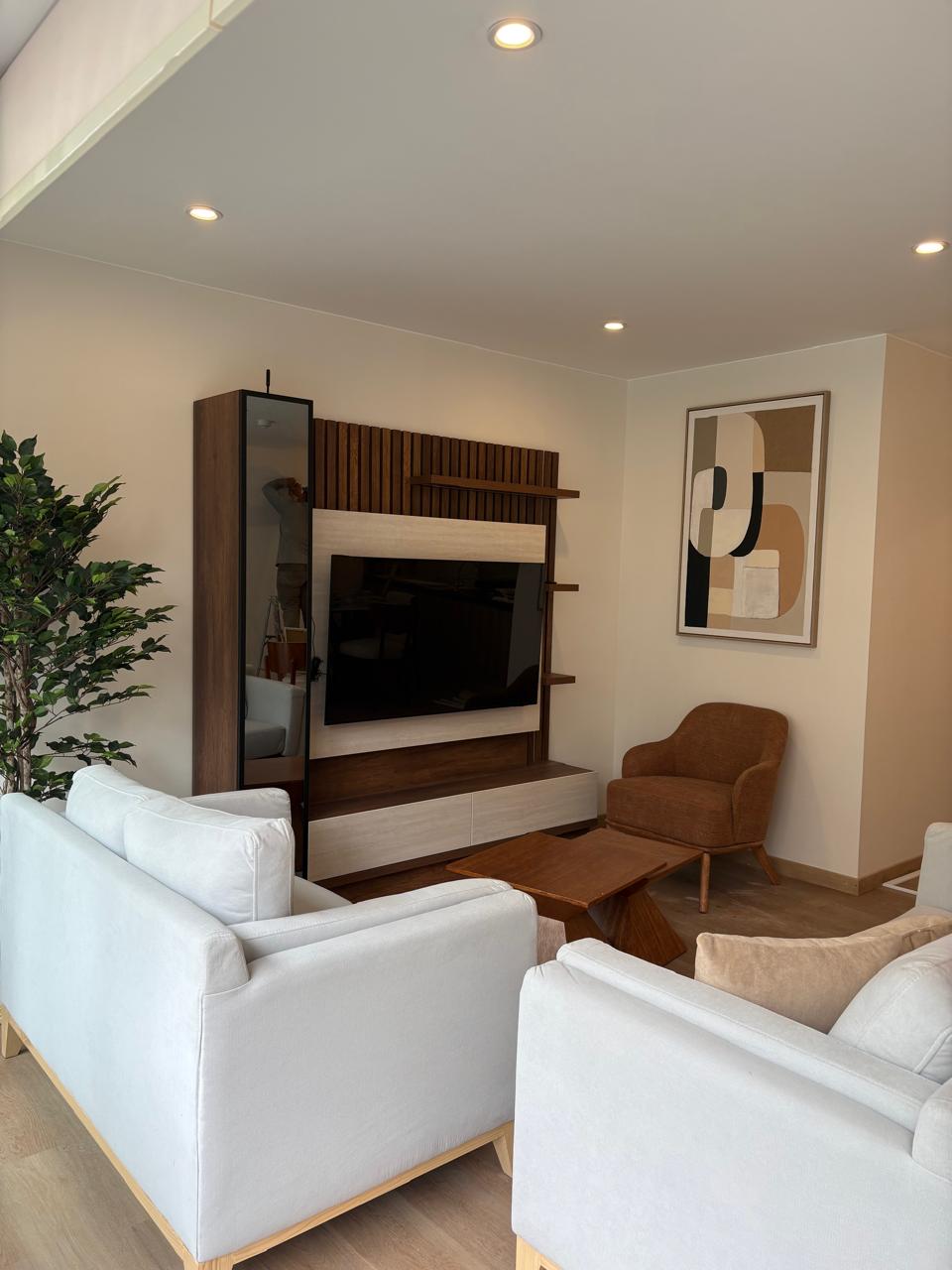 Living room — sofas, art and wood