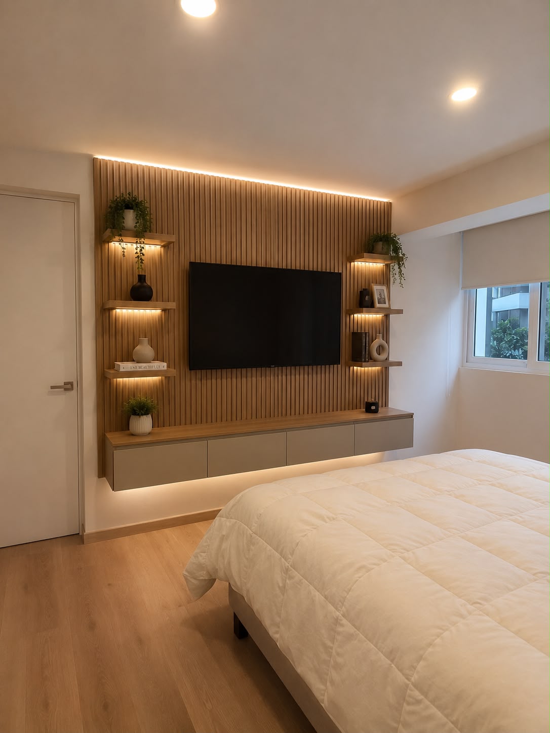 Master bedroom — TV wall and warm light